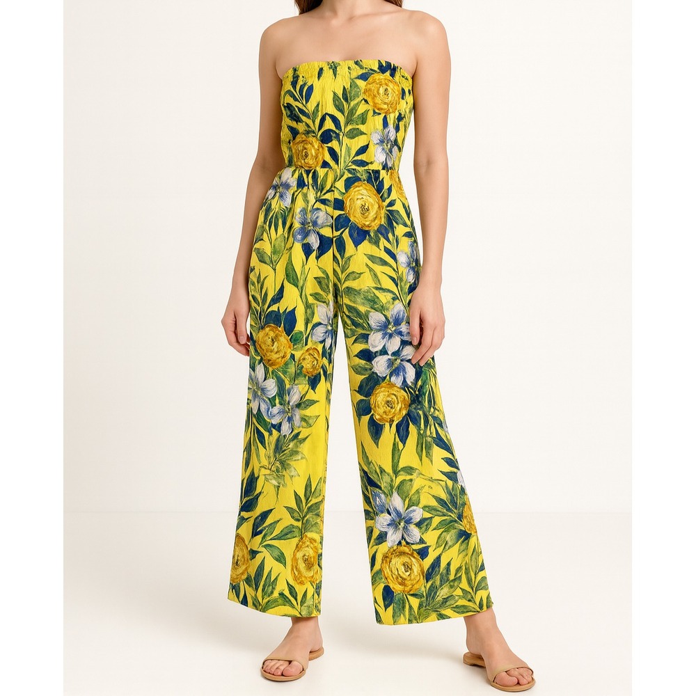 Mille Gabrielle Jumpsuit S Yellow Floral Strapless Wide Leg Boho Romper